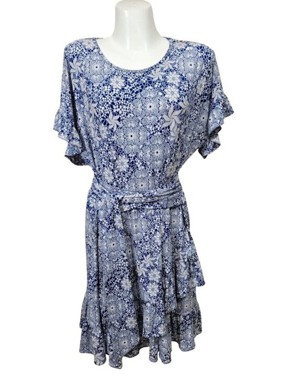 Michael Kors Blue White Print Belted Layered Ruffle Dress XXL - Picture 2 of 10